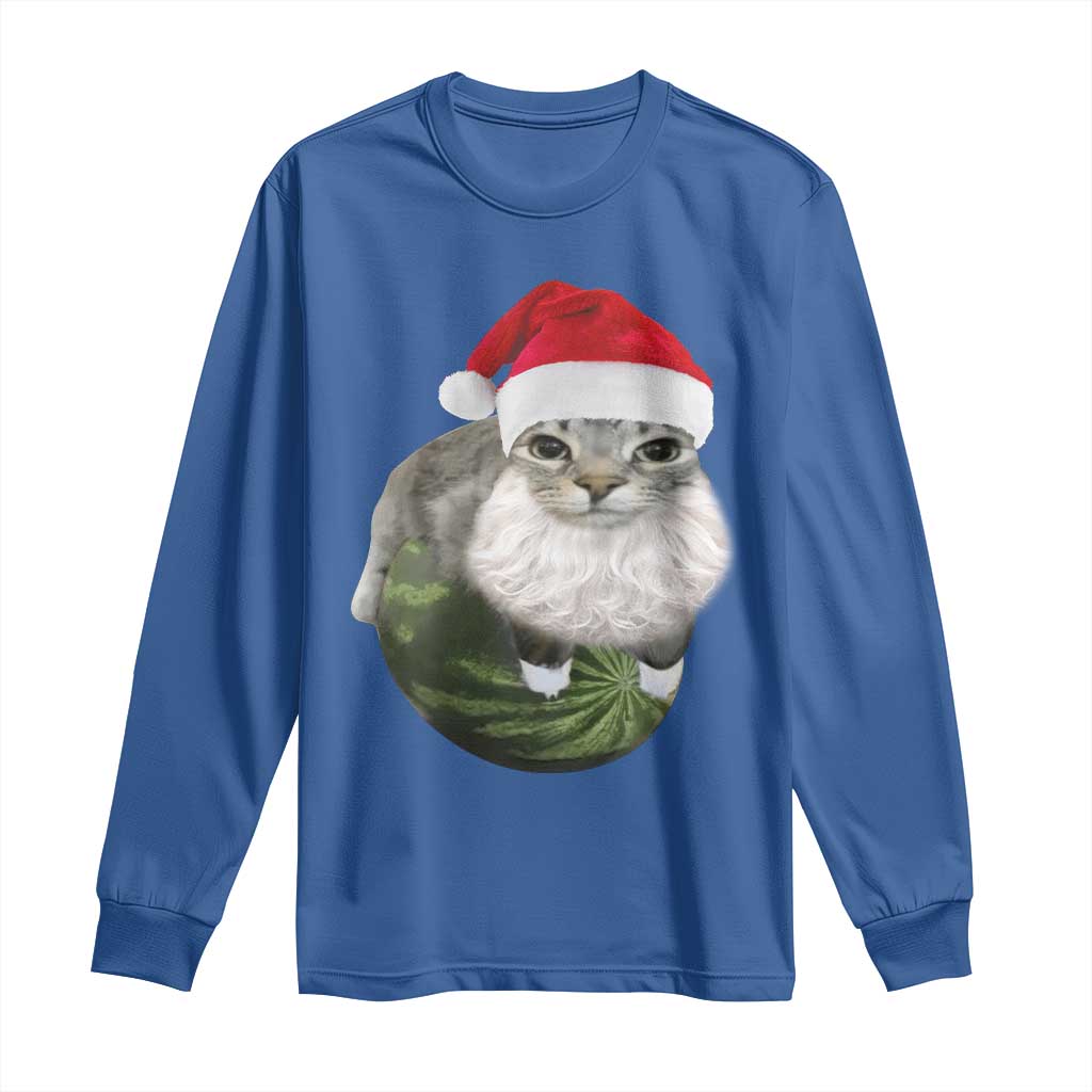 Watermelon Cat Christmas Long Sleeve Shirt Funny Silly Kitten Meme TS14 Royal Blue Print Your Wear