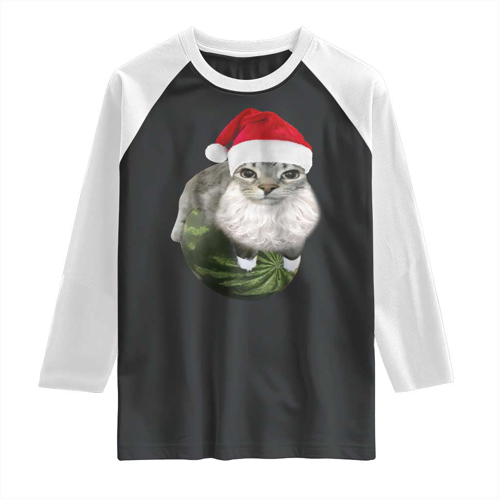 Watermelon Cat Christmas Raglan Shirt Funny Silly Kitten Meme TS14 Black White Print Your Wear
