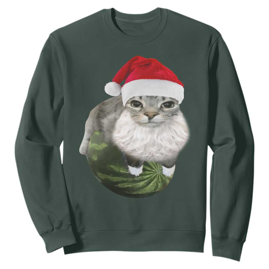 Watermelon Cat Christmas Sweatshirt Funny Silly Kitten Meme TS14 Dark Forest Green Print Your Wear