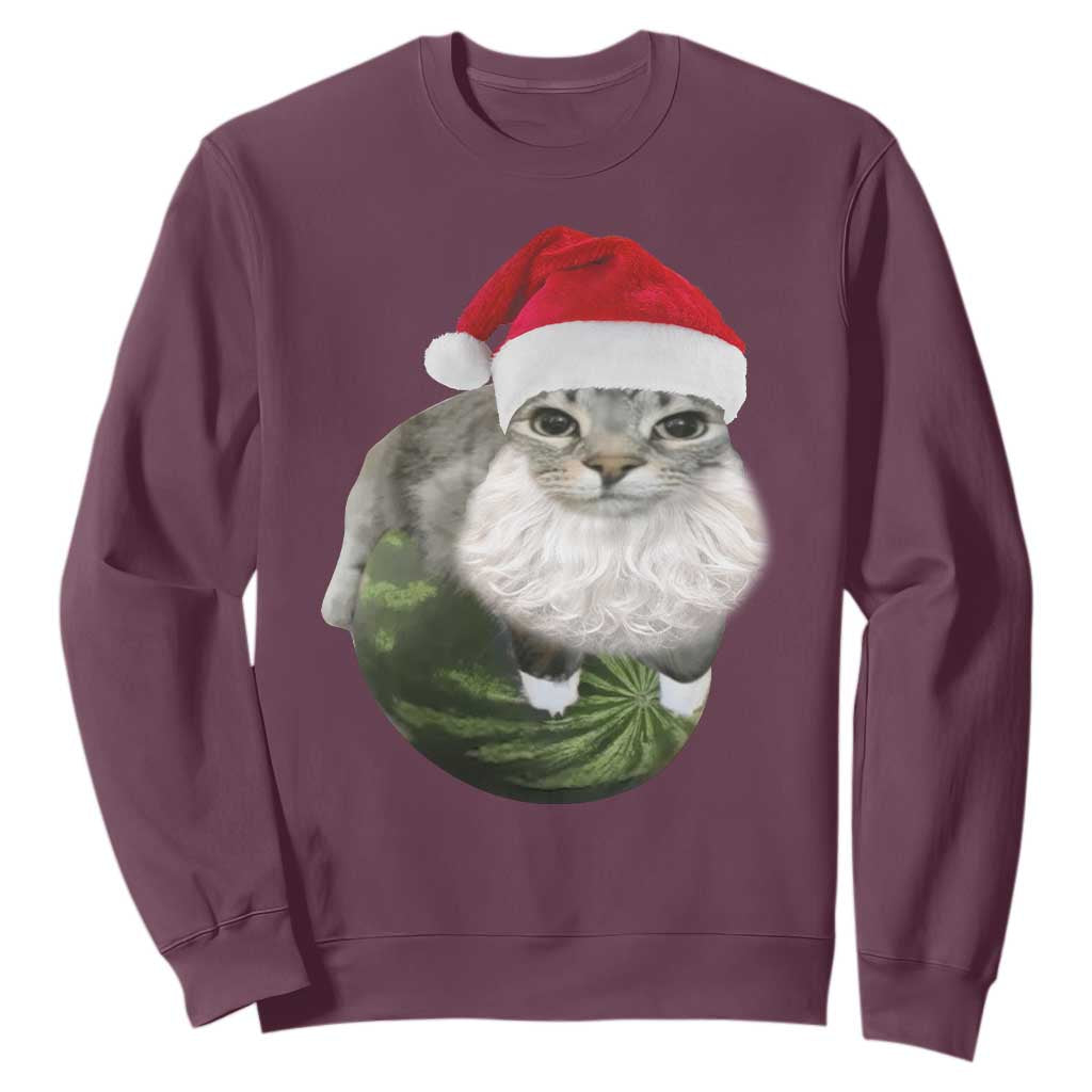 Watermelon Cat Christmas Sweatshirt Funny Silly Kitten Meme TS14 Maroon Print Your Wear