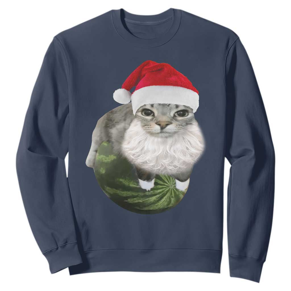 Watermelon Cat Christmas Sweatshirt Funny Silly Kitten Meme TS14 Navy Print Your Wear
