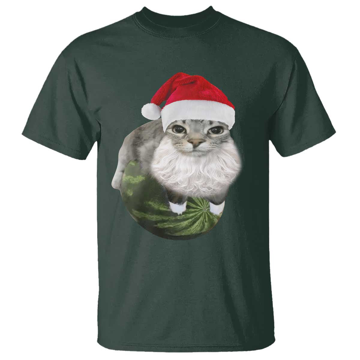 Watermelon Cat Christmas T Shirt Funny Silly Kitten Meme TS14 Dark Forest Green Print Your Wear