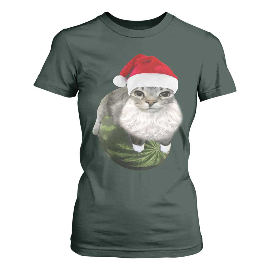 Watermelon Cat Christmas T Shirt For Women Funny Silly Kitten Meme TS14 Dark Forest Green Print Your Wear