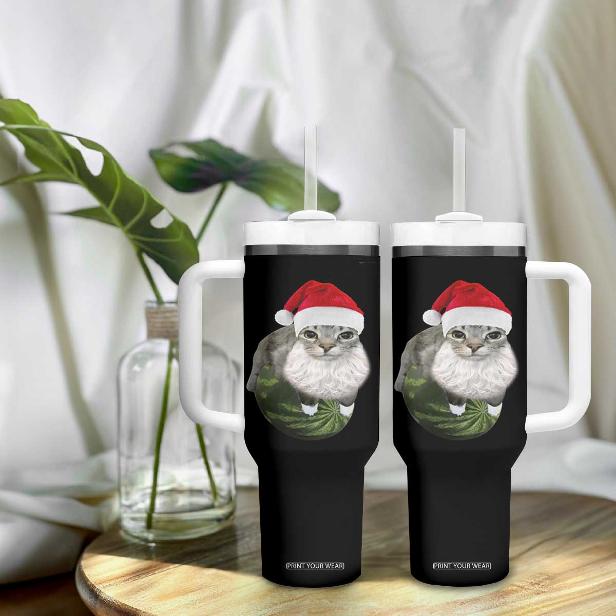 Watermelon Cat Christmas Tumbler With Handle Funny Silly Kitten Meme TS14 Print Your Wear