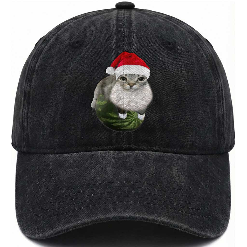 Watermelon Cat Christmas Washed Cotton Baseball Cap Funny Silly Kitten Meme TS14 Washed Cap Universal Fit Black Print Your Wear