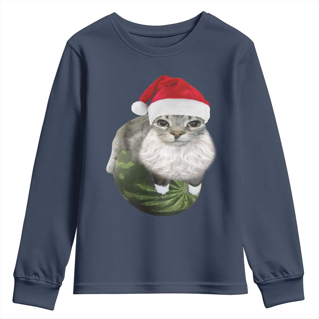 Watermelon Cat Christmas Youth Sweatshirt Funny Silly Kitten Meme TS14 Navy Print Your Wear