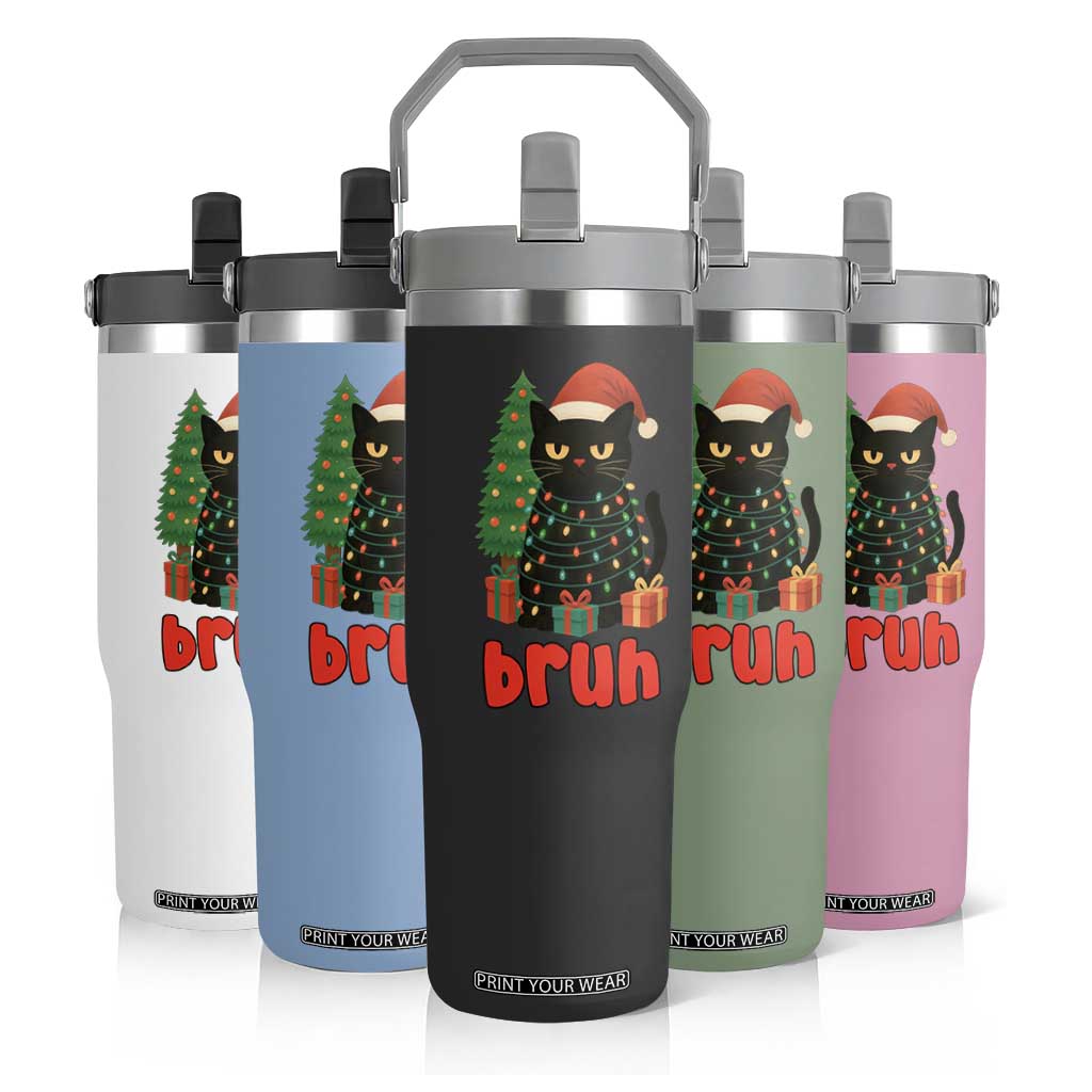 Funny Cat Bruh Christmas Flip Straw Tumbler Silly Meme Kitty Xmas TS14 Print Your Wear