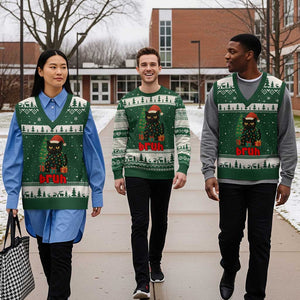 Funny Cat Bruh Xmas V-Neck Knit Sweater Vest Silly Meme Kitty Xmas TS14 Forest Green Beige Print Your Wear