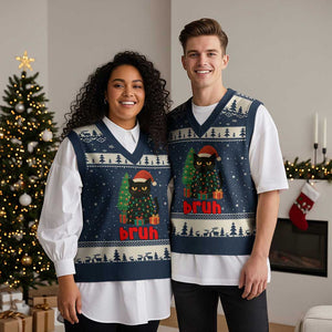Funny Cat Bruh Xmas V-Neck Knit Sweater Vest Silly Meme Kitty Xmas TS14 Navy Beige Print Your Wear