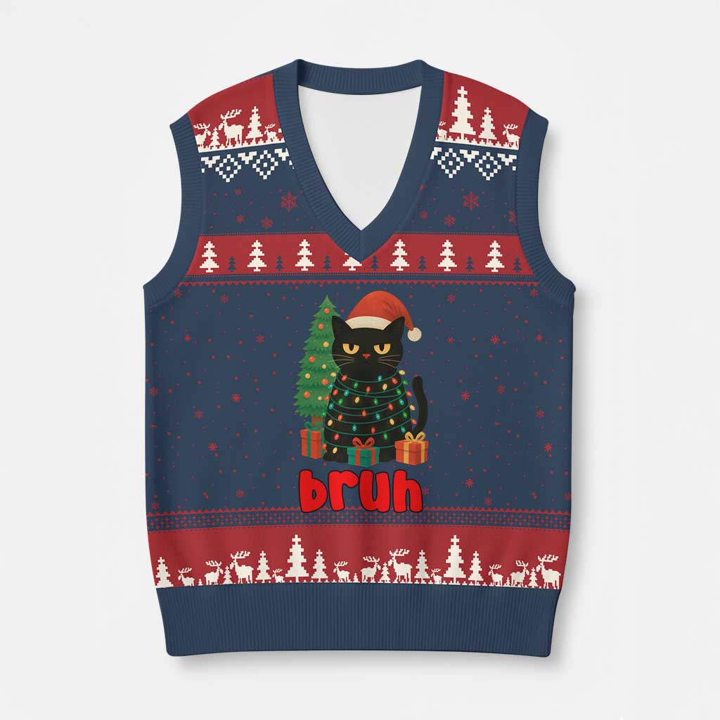 Funny Cat Bruh Xmas V-Neck Knit Sweater Vest Silly Meme Kitty Xmas TS14 Navy Red Print Your Wear