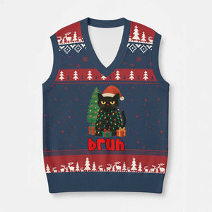 Funny Cat Bruh Xmas V-Neck Knit Sweater Vest Silly Meme Kitty Xmas TS14 Navy Red Print Your Wear
