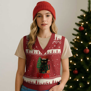 Funny Cat Bruh Xmas V-Neck Knit Sweater Vest Silly Meme Kitty Xmas TS14 Red Beige Print Your Wear