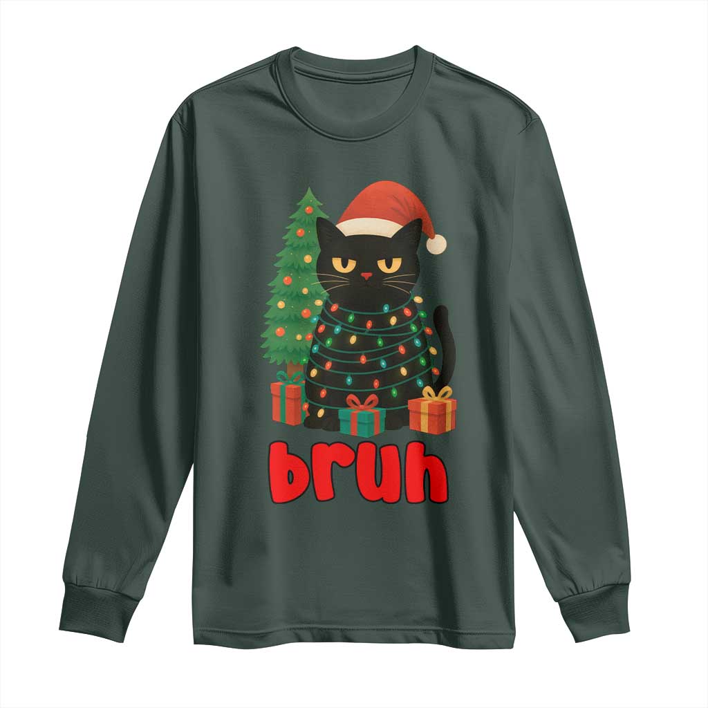 Funny Cat Bruh Christmas Long Sleeve Shirt Silly Meme Kitty Xmas TS14 Dark Forest Green Print Your Wear