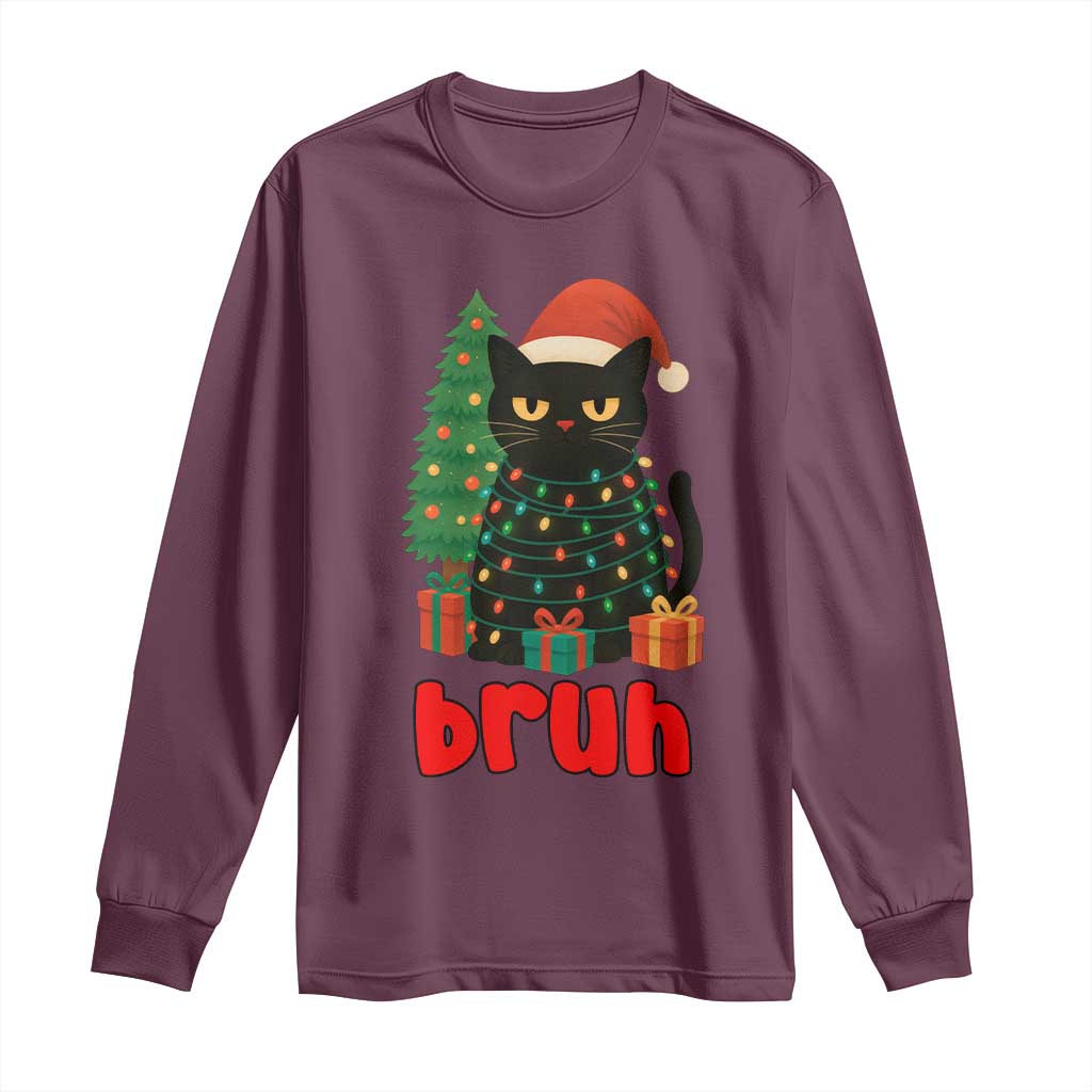 Funny Cat Bruh Christmas Long Sleeve Shirt Silly Meme Kitty Xmas TS14 Maroon Print Your Wear