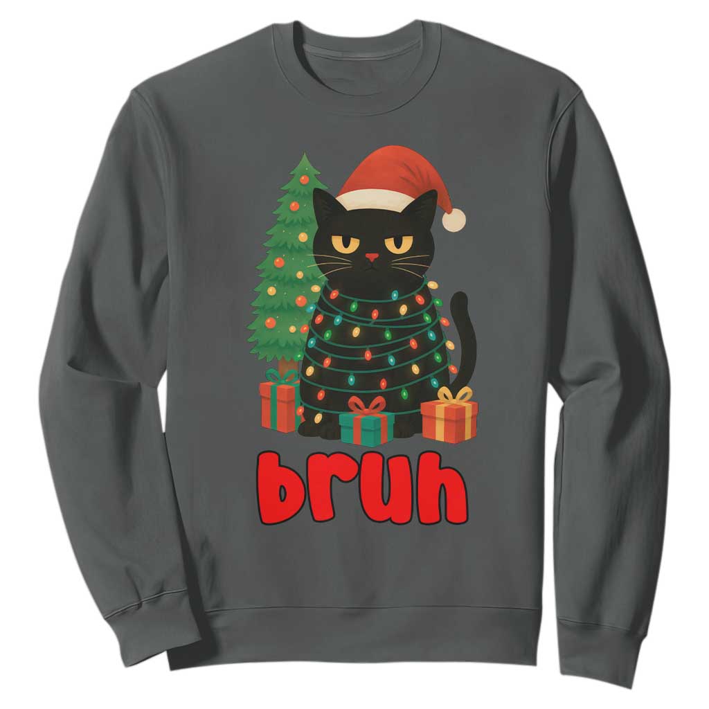 Funny Cat Bruh Christmas Sweatshirt Silly Meme Kitty Xmas TS14 Dark Heather Print Your Wear