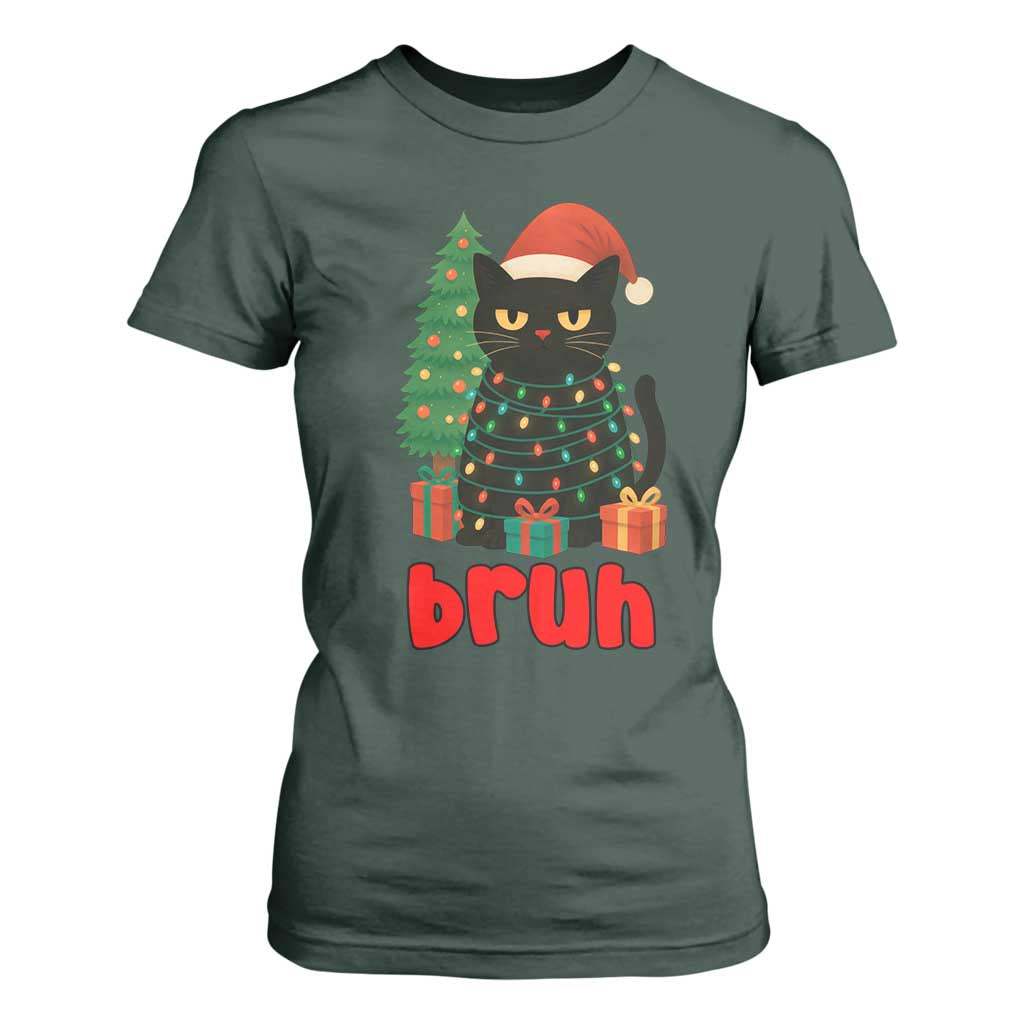 Funny Cat Bruh Christmas T Shirt For Women Silly Meme Kitty Xmas TS14 Dark Forest Green Print Your Wear