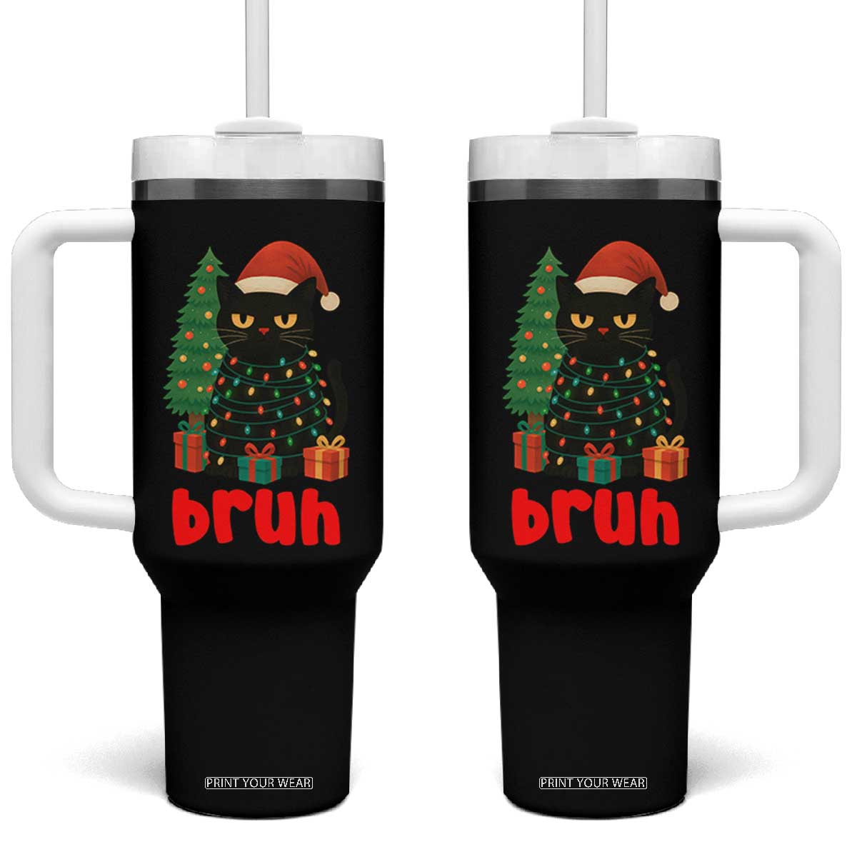 Funny Cat Bruh Christmas Tumbler With Handle Silly Meme Kitty Xmas TS14 One Size: 40 oz Black Print Your Wear