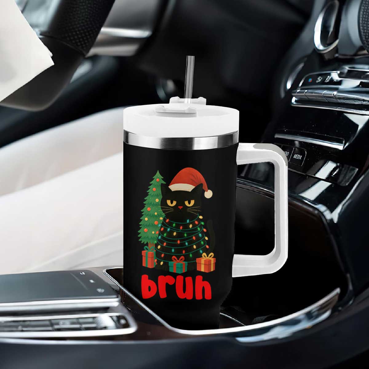 Funny Cat Bruh Christmas Tumbler With Handle Silly Meme Kitty Xmas - Print Your Wear
