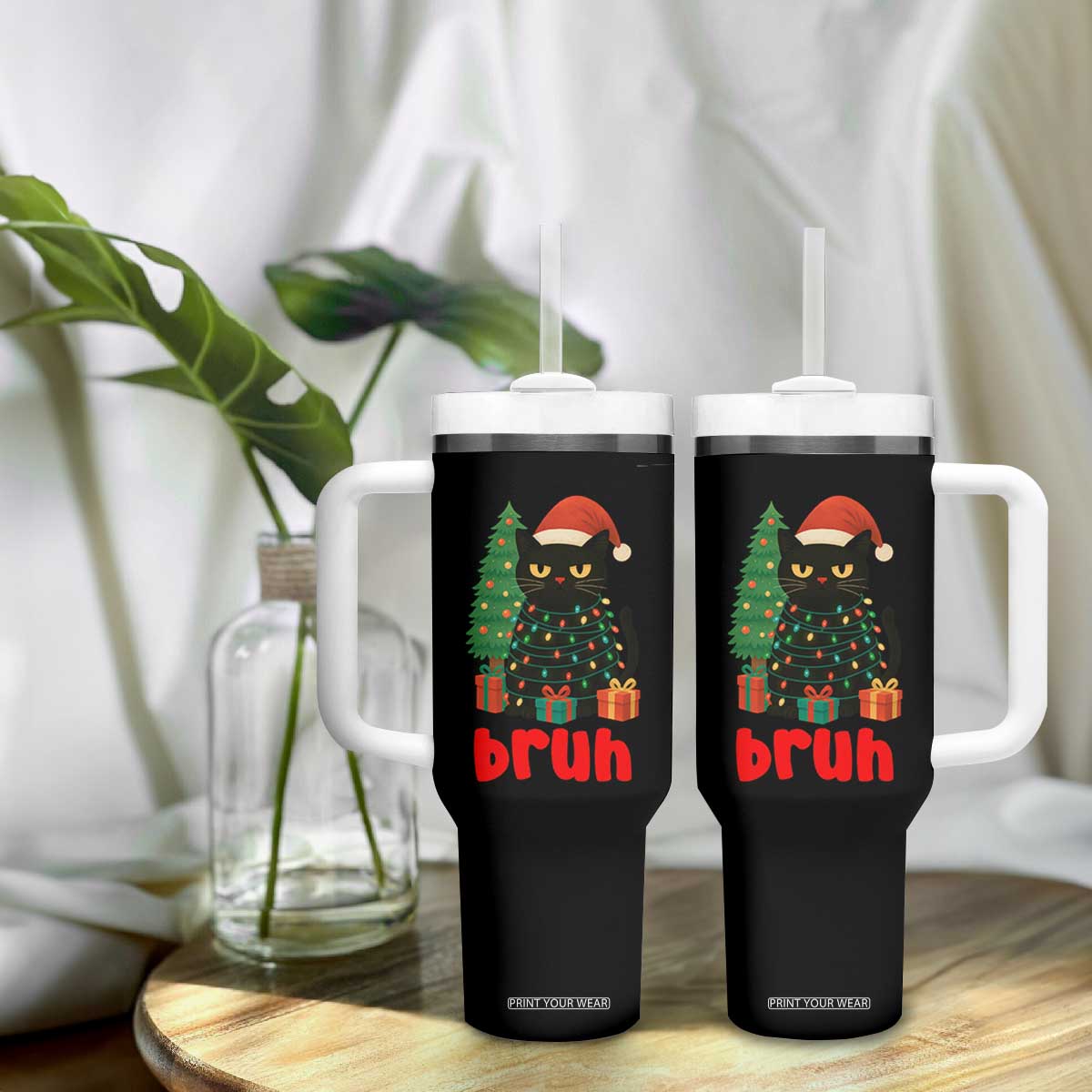 Funny Cat Bruh Christmas Tumbler With Handle Silly Meme Kitty Xmas TS14 Print Your Wear