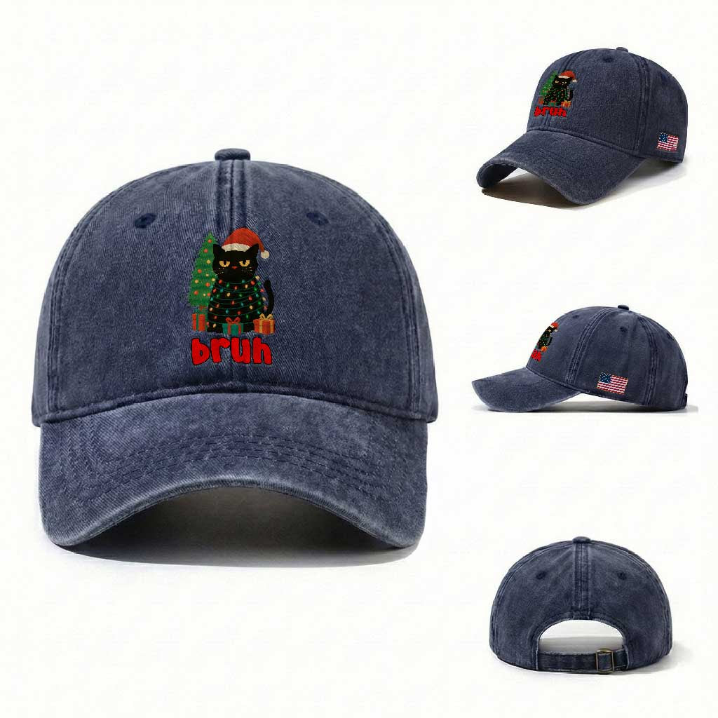 Funny Cat Bruh Christmas Washed Cotton Baseball Cap Silly Meme Kitty Xmas TS14 Washed Cap Universal Fit Navy Print Your Wear