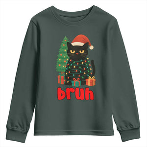 Funny Cat Bruh Christmas Youth Sweatshirt Silly Meme Kitty Xmas TS14 Dark Forest Green Print Your Wear