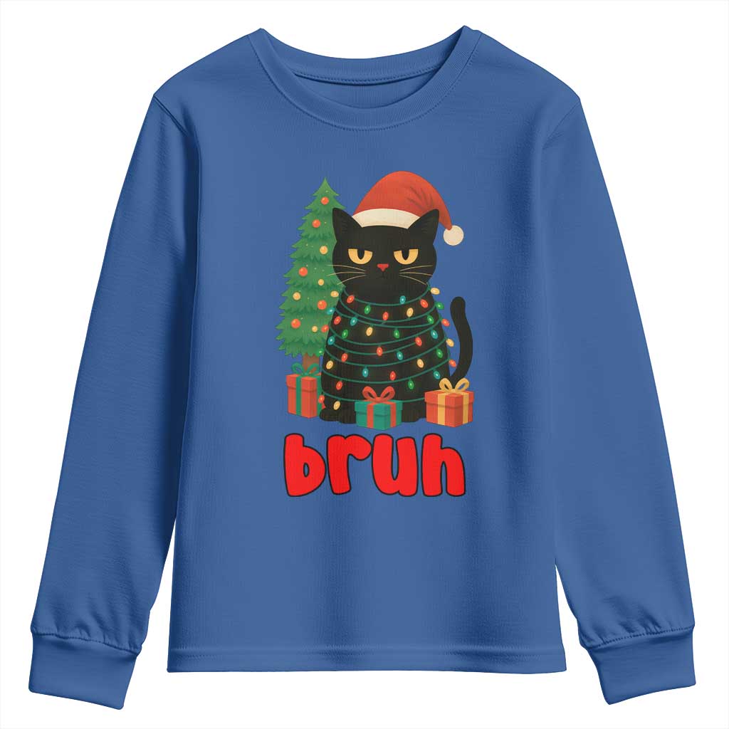 Funny Cat Bruh Christmas Youth Sweatshirt Silly Meme Kitty Xmas TS14 Royal Blue Print Your Wear