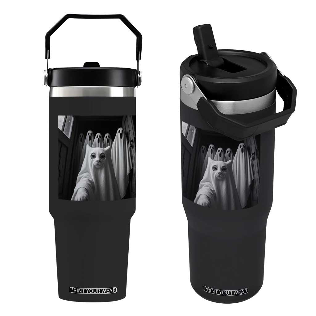 Funny Ghost Cat Halloween Meme Flip Straw Tumbler TS14 One Size: 30 oz Black Print Your Wear