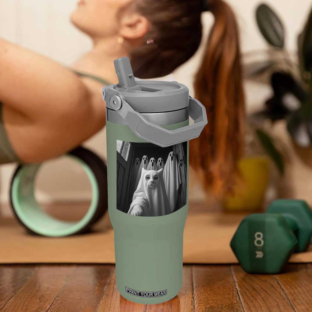 Funny Ghost Cat Halloween Meme Flip Straw Tumbler TS14 One Size: 30 oz Moss Green Print Your Wear