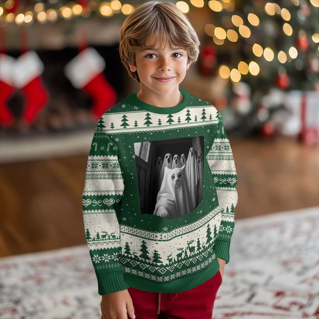 Funny Ghost Cat Halloween Meme Ugly Christmas Sweater TS14 Forest Green Beige Print Your Wear