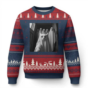 Funny Ghost Cat Halloween Meme Ugly Christmas Sweater TS14 Navy Red Print Your Wear