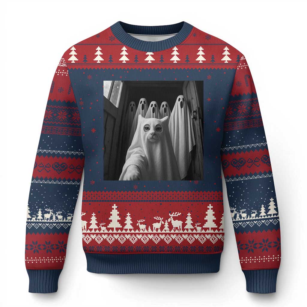 Funny Ghost Cat Halloween Meme Ugly Christmas Sweater TS14 Navy Red Print Your Wear