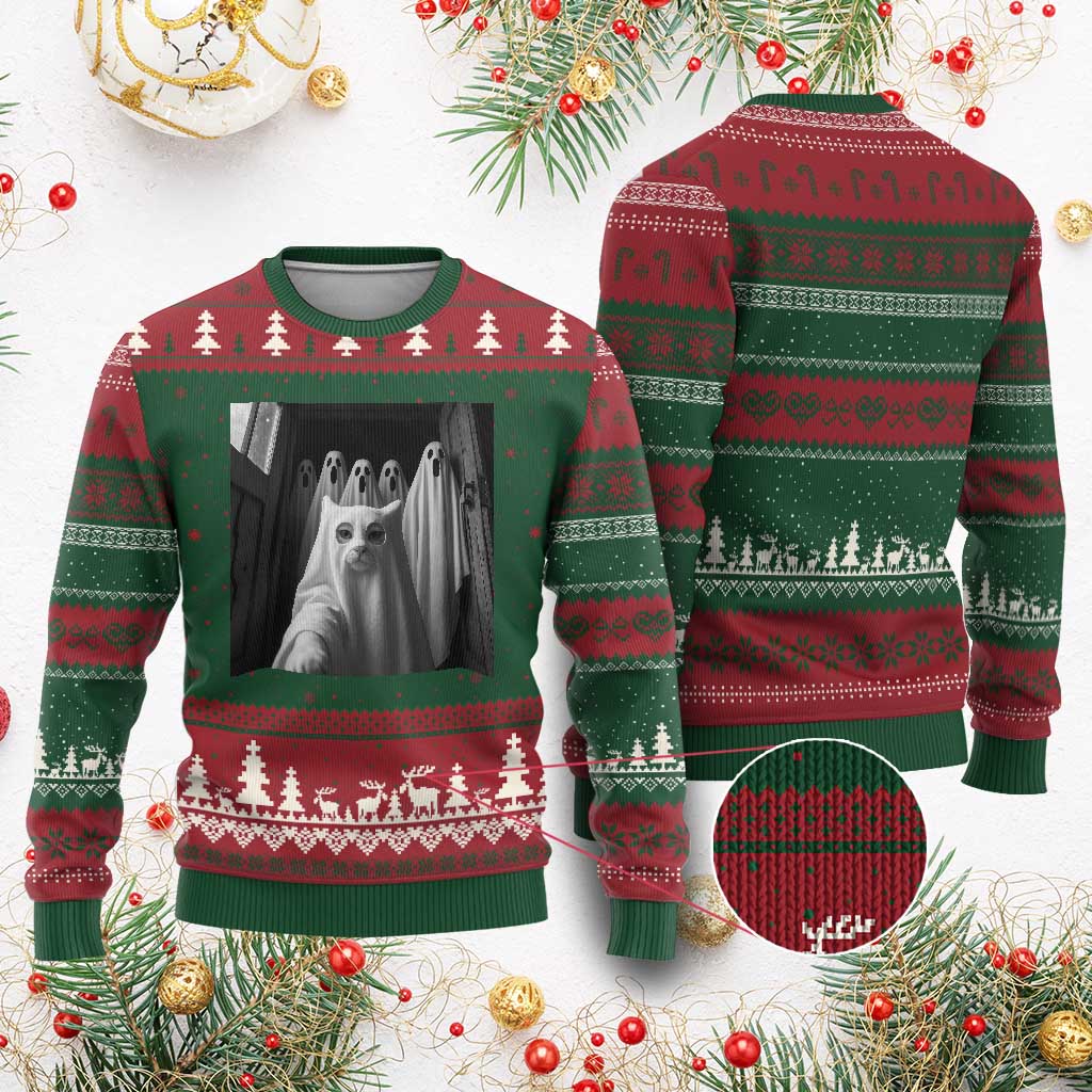 Funny Ghost Cat Halloween Meme Ugly Christmas Sweater TS14 Red Green Print Your Wear