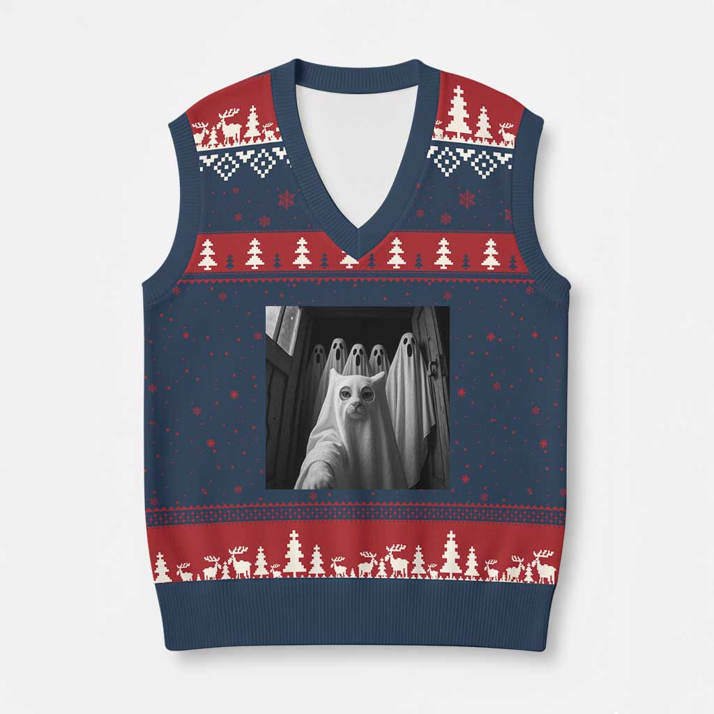 Funny Ghost Cat Halloween Meme V-Neck Knit Sweater Vest TS14 Navy Red Print Your Wear