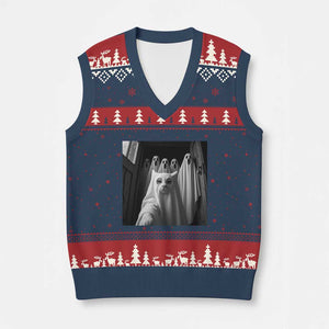 Funny Ghost Cat Halloween Meme V-Neck Knit Sweater Vest TS14 Navy Red Print Your Wear