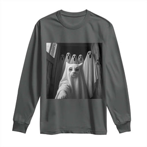 Funny Ghost Cat Halloween Meme Long Sleeve Shirt TS14 Dark Heather Print Your Wear
