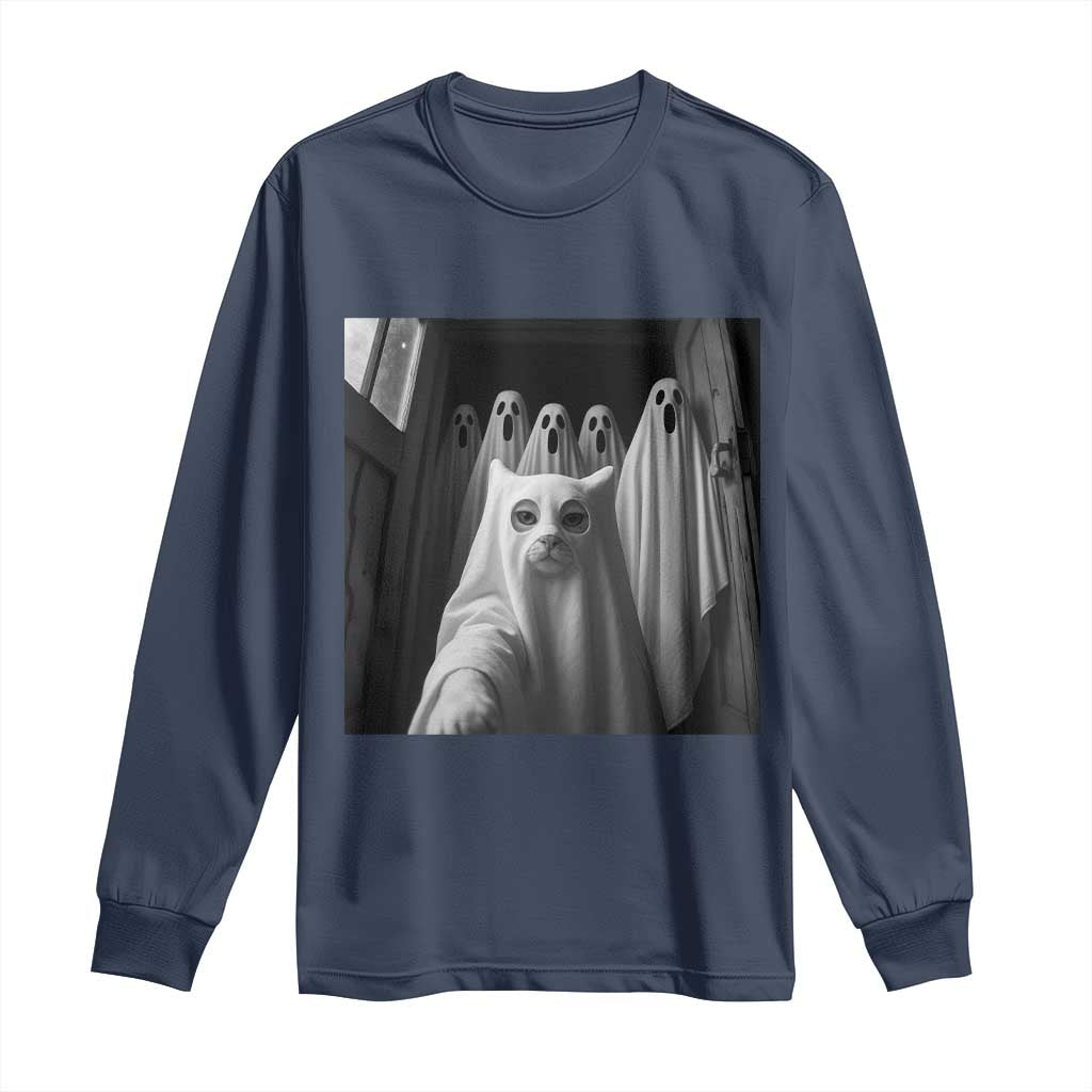 Funny Ghost Cat Halloween Meme Long Sleeve Shirt TS14 Navy Print Your Wear