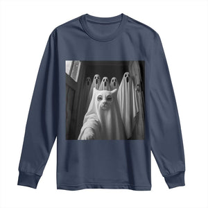 Funny Ghost Cat Halloween Meme Long Sleeve Shirt TS14 Navy Print Your Wear