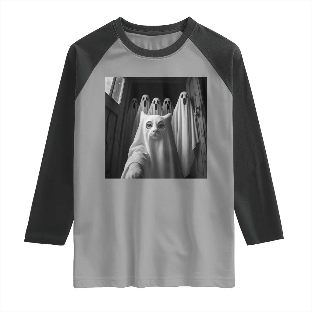 Funny Ghost Cat Halloween Meme Raglan Shirt TS14 Sport Gray Black Print Your Wear