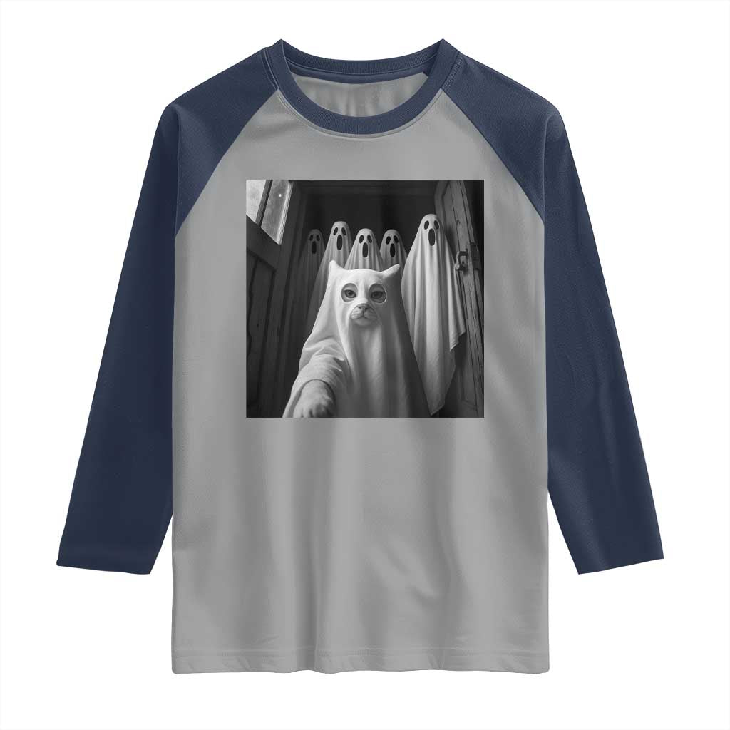 Funny Ghost Cat Halloween Meme Raglan Shirt TS14 Sport Gray Navy Print Your Wear