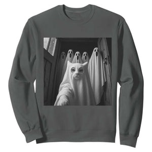 Funny Ghost Cat Halloween Meme Sweatshirt TS14 Dark Heather Print Your Wear