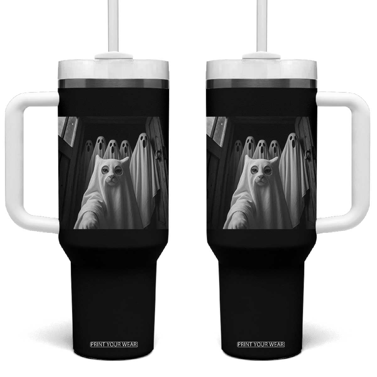 Funny Ghost Cat Halloween Meme Tumbler With Handle TS14 One Size: 40 oz Black Print Your Wear