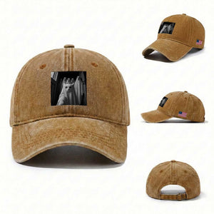 Funny Ghost Cat Halloween Meme Washed Cotton Baseball Cap TS14 Washed Cap Universal Fit Yellow Ochre Print Your Wear