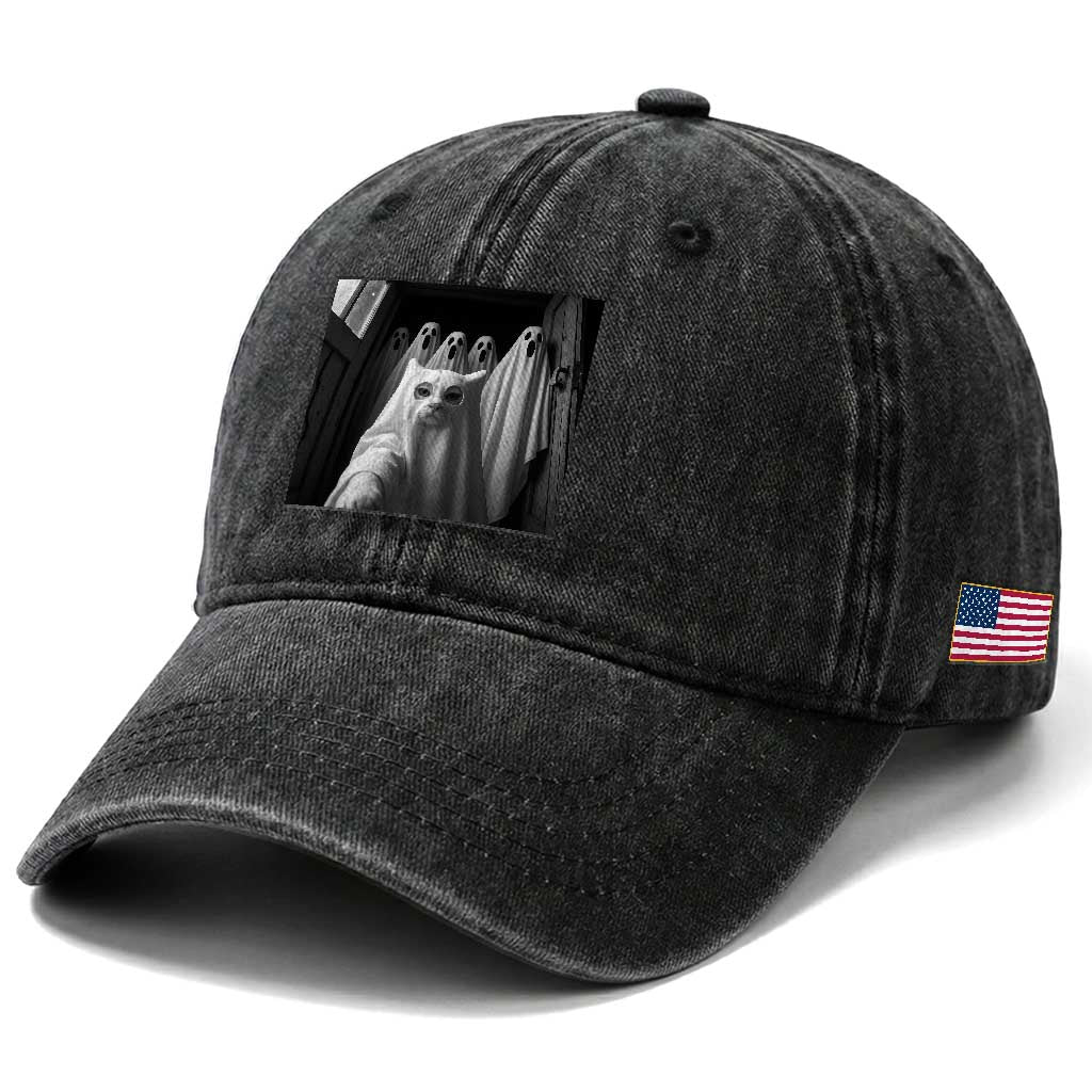 Funny Ghost Cat Halloween Meme Washed Cotton Baseball Cap TS14 Print Your Wear