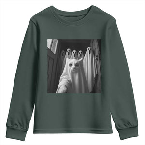 Funny Ghost Cat Halloween Meme Youth Sweatshirt TS14 Dark Forest Green Print Your Wear