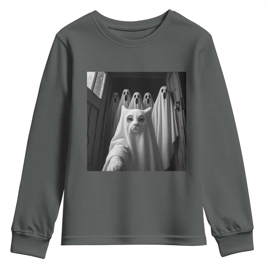Funny Ghost Cat Halloween Meme Youth Sweatshirt TS14 Dark Heather Print Your Wear