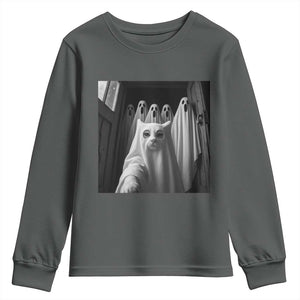 Funny Ghost Cat Halloween Meme Youth Sweatshirt TS14 Dark Heather Print Your Wear
