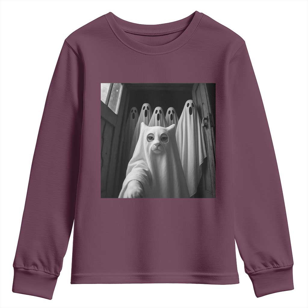 Funny Ghost Cat Halloween Meme Youth Sweatshirt TS14 Maroon Print Your Wear