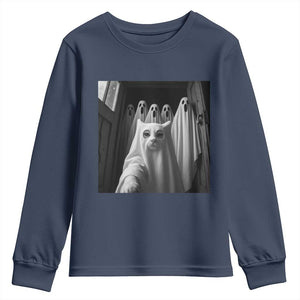 Funny Ghost Cat Halloween Meme Youth Sweatshirt TS14 Navy Print Your Wear