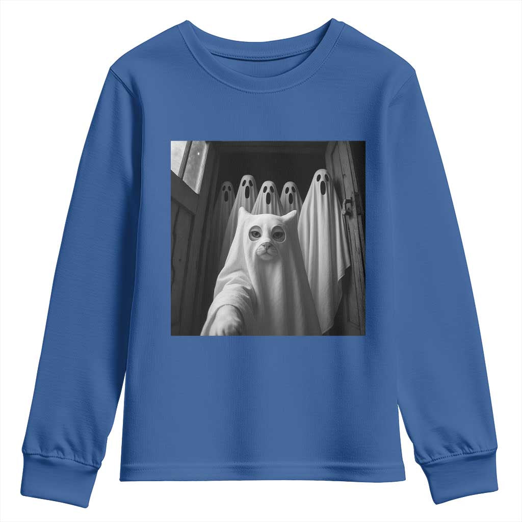 Funny Ghost Cat Halloween Meme Youth Sweatshirt TS14 Royal Blue Print Your Wear