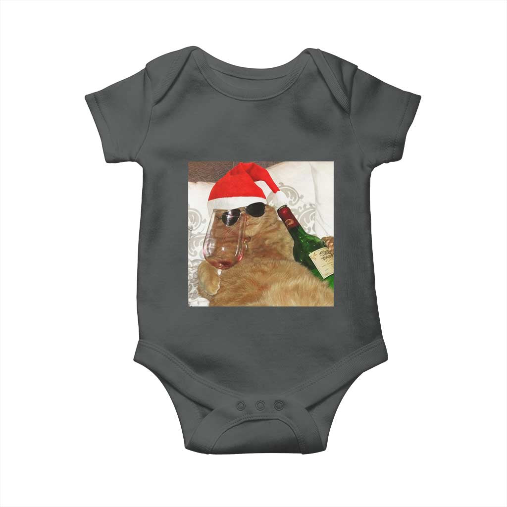 Funny Cat Drinking Wine Christmas Baby Onesie TS14 Dark Heather Print Your Wear